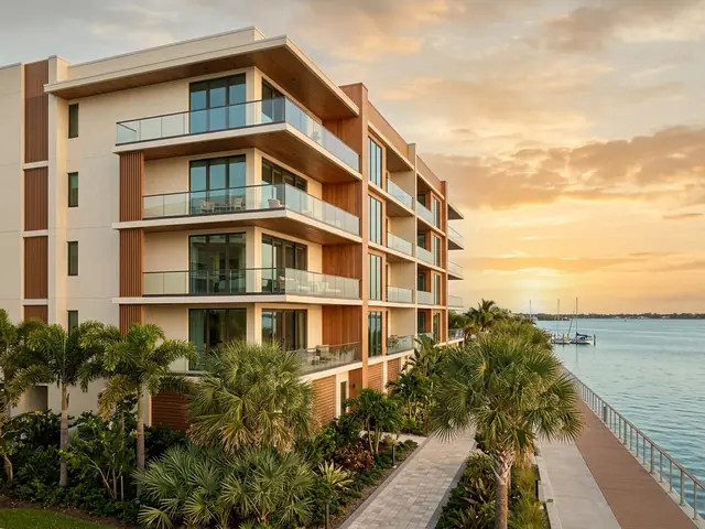 Edificio de condominios de baja altura con balcones, junto al agua en Tampa Bay.