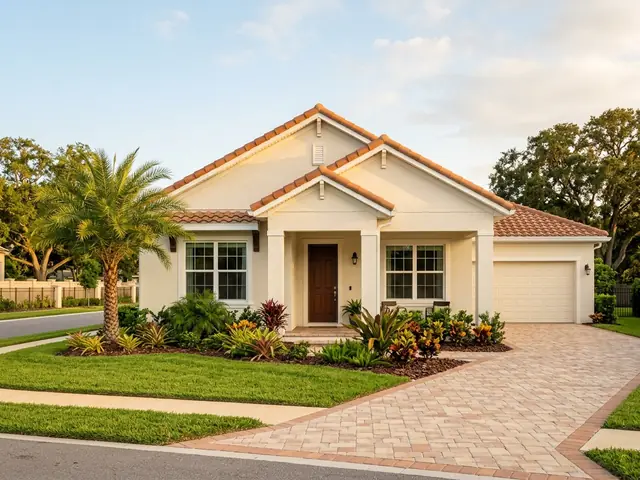 Casa unifamiliar de una planta con fachada de estuco claro y jardín delantero, típica de Tampa.